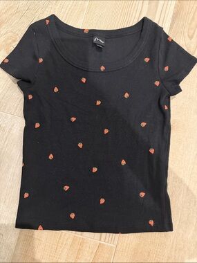 art class Black Tee with Red Strawberry Print
